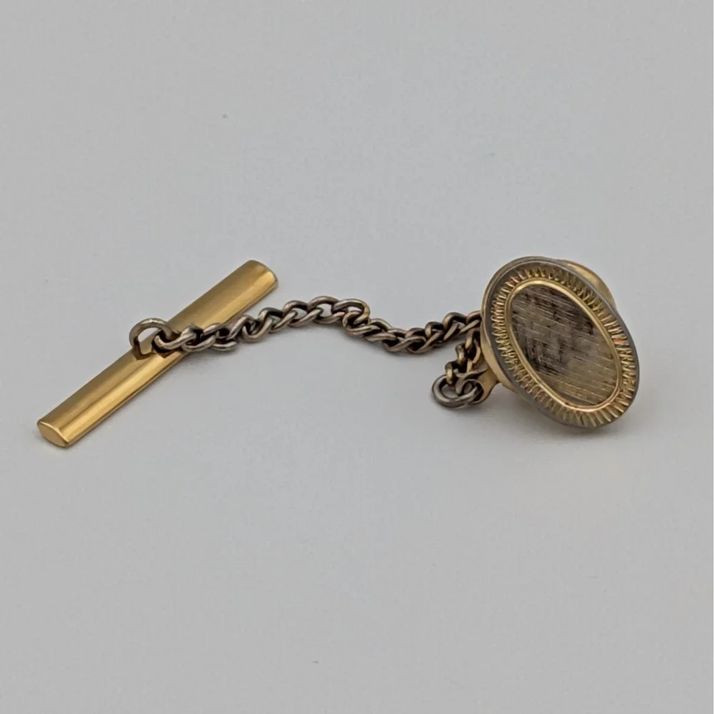 VTG Gold Tone Tie Tack Oval Brushed Etched Sunburst Design Safety Chain T-Bar
